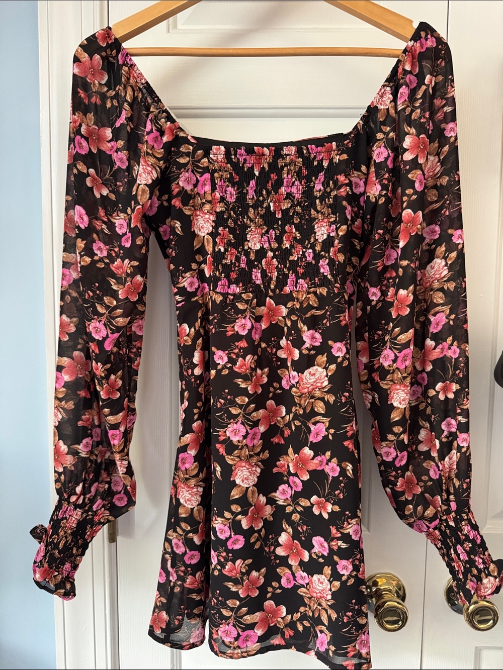 Forever 21 Black Floral Square-Neck Mini Dress with Pink & Brown Flowers - Picture 2 of 6